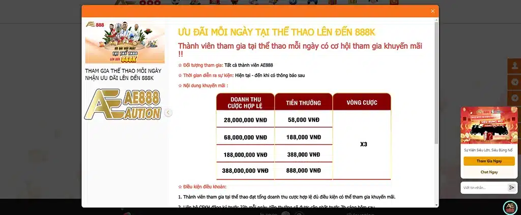 khuyến mãi 888k thể thao ae888